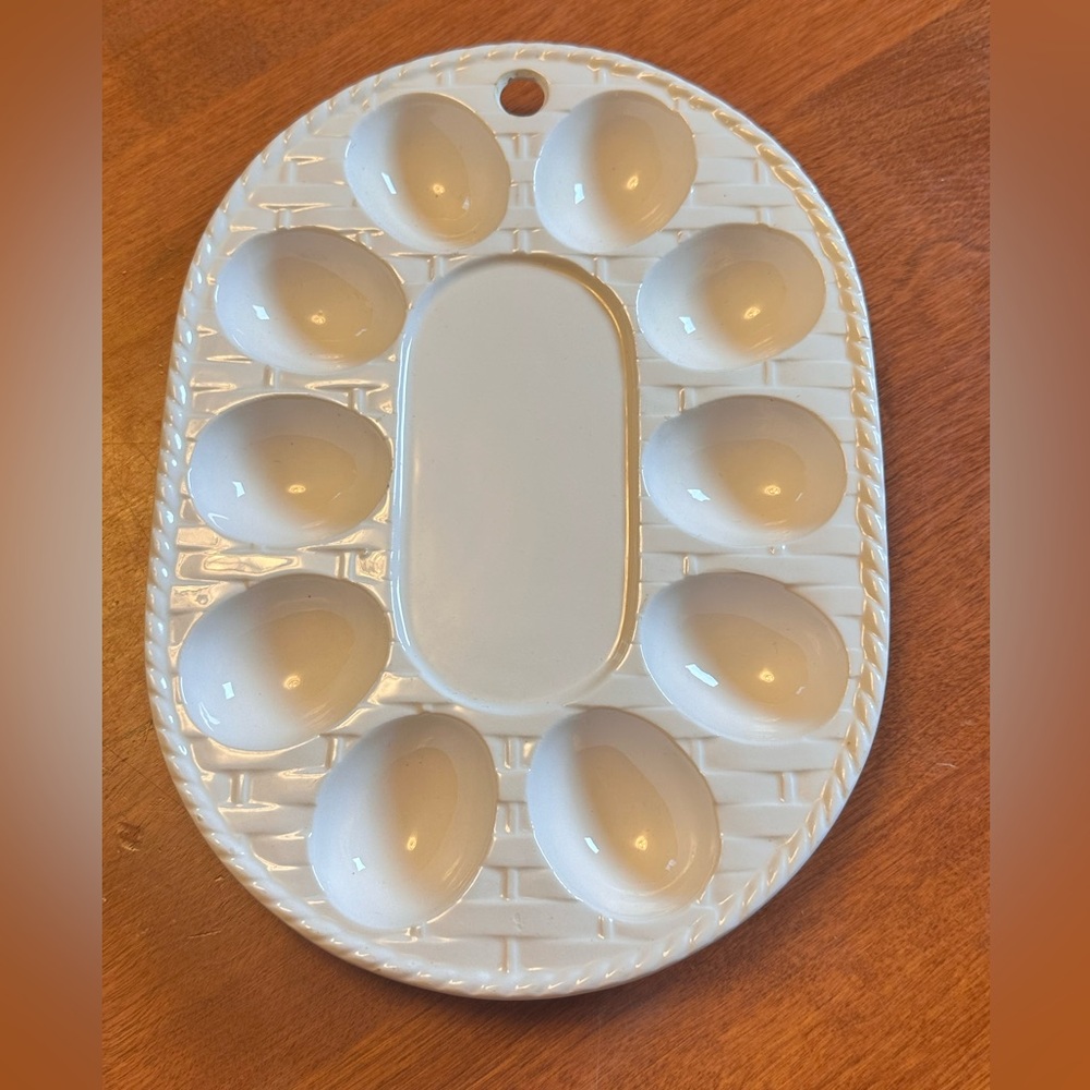 Vintage white Ceramic Deviled Egg Platter with basket weave